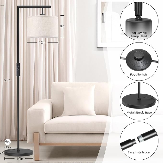 Floor Lamps with Remote Control and Stepless Dimmable Color Temperature and Brightness Standing Lamp with Adjustable Beige Linen Lampshade Pole Lamp for Bedroom Office, 9W Bulb Included, Black