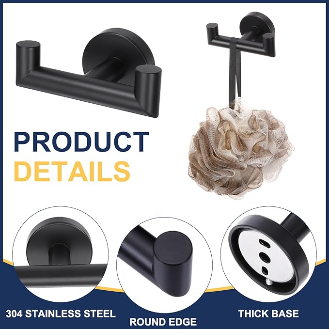 uxcell Double Towel Hook, Stainless Steel Coat Hook, Wall Mount Robe Hooks Hand Towel Hanger for Bathroom Kitchen Living Room, Black