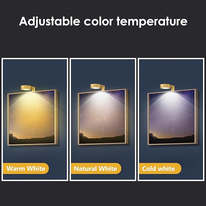3-Pack Picture Light Battery Operated, Magnetic Led Lights with Remote, Dimmable and Timer Painting Light, Art Display Light for Picture Frame Artworking Portrait, Home Wall Decor Puck Lights, Gold