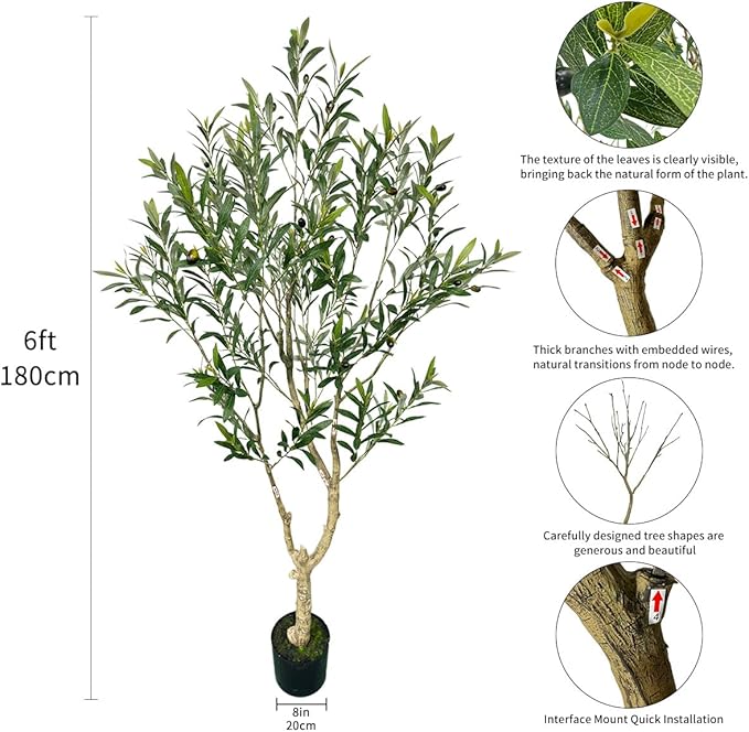 Artificial Tree Faux Olive Tree 6ft(71in,1289leaves) Tall Fake Olive Plant in Pot Fake Silk Tree Faux Plants Indoor