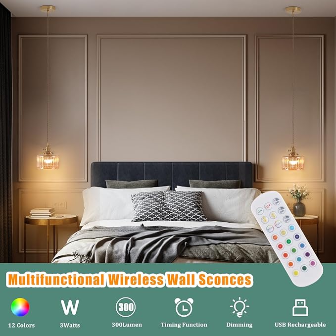 Battery Operated Pendant Light 5000mAh Rechargeable Chandelier with Remote Control Wireless Adjustable Hanging Amber Striped Light for Kitchen Island Dining Room Hallway