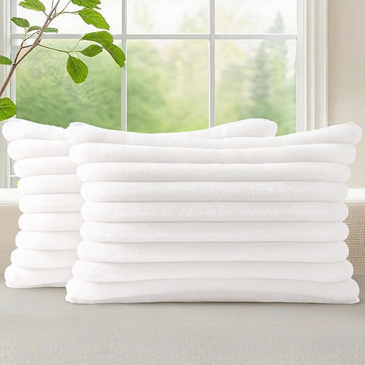 decorUhome Faux Fur Christmas Throw Pillow Covers 12x20 Set of 2, Decorative Soft Plush Striped Lumbar Neutral Couch Euro Pillow Covers with Velvet Back for Sofa, Bed, Living Room Home Decor, White