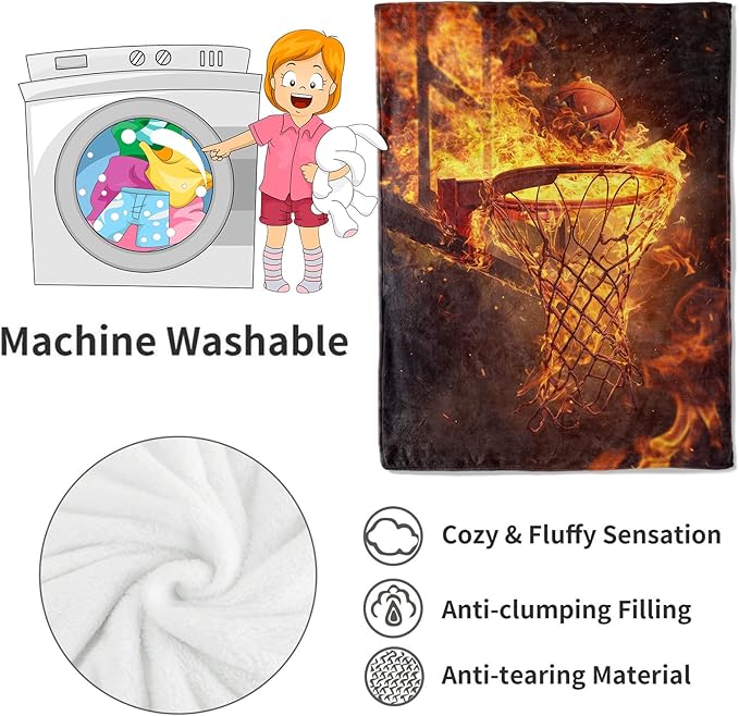 Fiery Basketball Blanket Dynamic Ball Hoop in Flames Throw Blankets,Birthday Gifts for Adult & Sport Lovers,Lightweight Soft Fleece for Sofa Couch Bed Room Travel Decor 50x60in