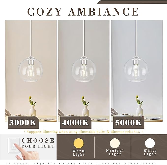 7 Inch Nickel Modern Pendant Lights Kitchen Island Mid Century Modern Pendant Light Fixtures with Clear Glass Globe Modern Hanging Pendant Light for Bathroom Bedroom （Bulb Incl）