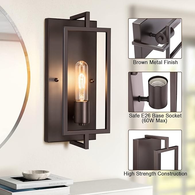 Industrial Wall Sconces Set of 2, Vintage Brown Wall Light Fixture E26 Base, Metal Rustic Wall Mount Lamp, Modern Indoor Lighting Hardwired