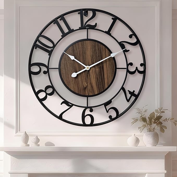 Large Metal Wall Clock, 24 Inch Retro Decorative Silent, Non Ticking, Battery Operated Modern Big Wood Wall Clock for Living Room, Farmhouse, Bedroom, Fireplace, Kitchen, Office, Home Decor