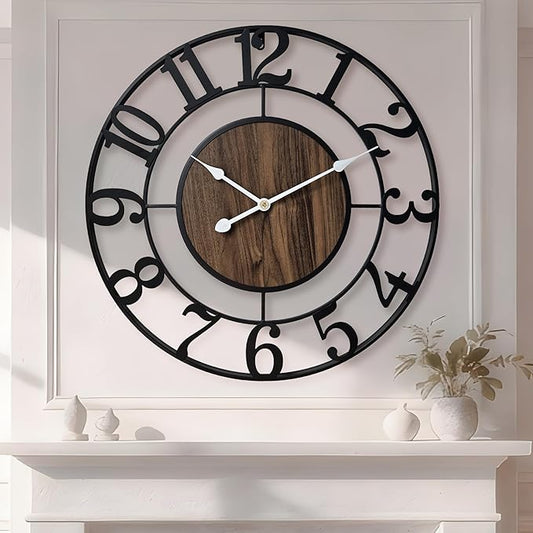 Large Metal Wall Clock, 24 Inch Retro Decorative Silent, Non Ticking, Battery Operated Modern Big Wood Wall Clock for Living Room, Farmhouse, Bedroom, Fireplace, Kitchen, Office, Home Decor