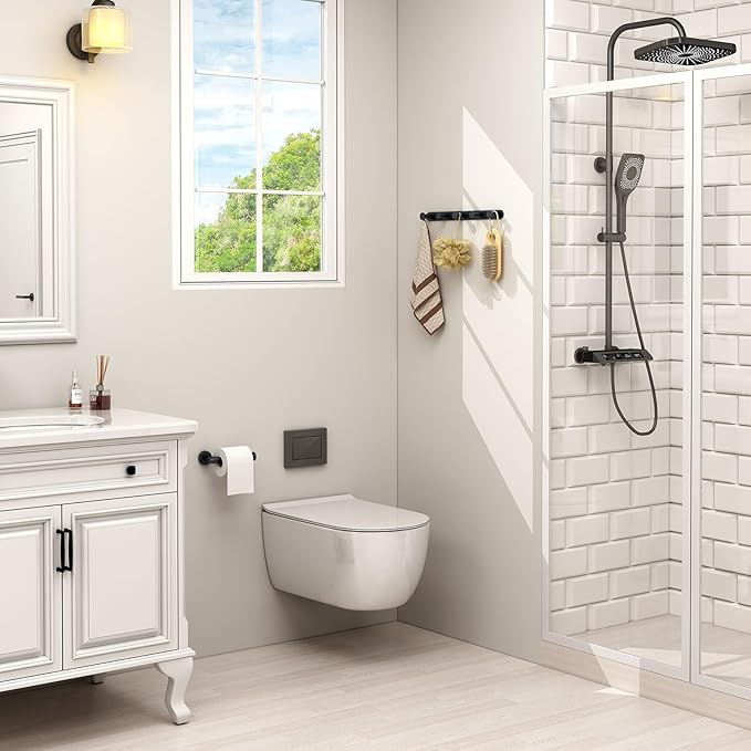 Angle Simple Towel Hook Rack Matte Black, SUS304 Stainless Steel Bathroom Hook Rail 5 Hooks, Utility Kitchen Towel Holder, Wall Mount