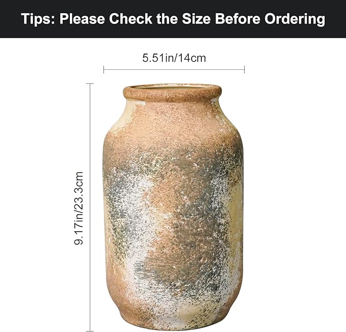 Rustic Ceramic Flower Vase, 9 Inch Terracotta Vase, Farmhouse Decor for Table Living Room Shelf Home Decor Gift Terra