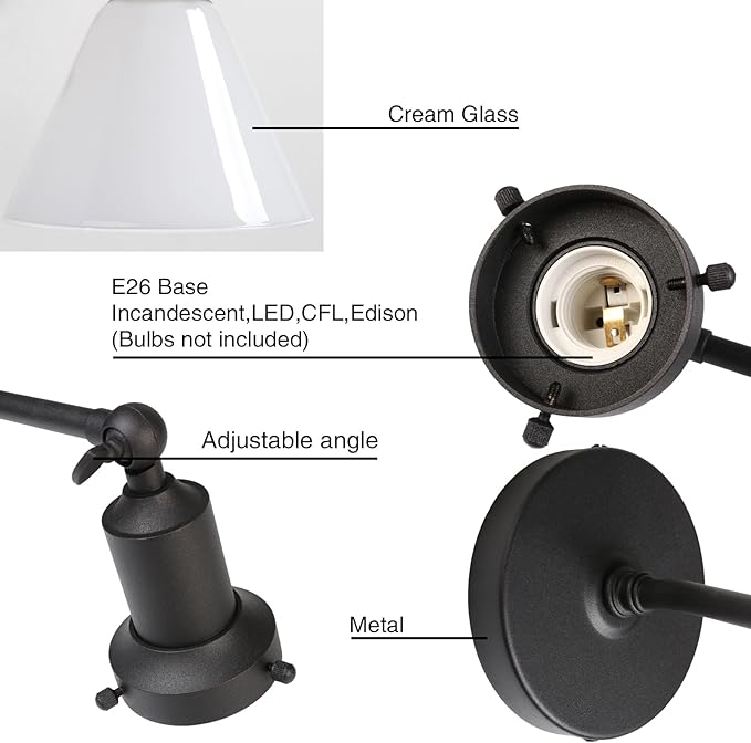 PERMO Industrial Vintage Slope Pole Wall Mount Single Sconce with Funnel Flared Milk White Glass Shade Wall Sconce Light Lamp Fixture Matte Black