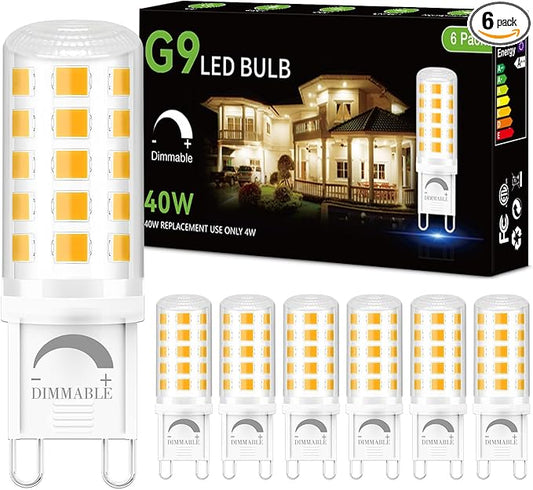DAYBEETER 6 Pack Dimmable G9 LED Bulb 4W (40 Watt Equivalent), 3000K Soft Warm White, G9 Halogen Bulb T4 G9 Bi-pin Base Light Bulbs for Chandelier,120V 450LM 360 Beam Angle No-Flicker G9 Bulb