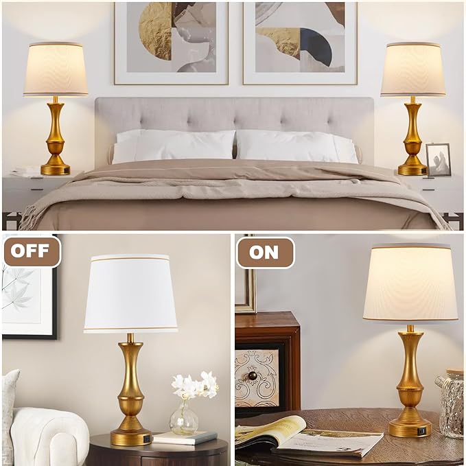 Luvkczc Gold Touch Table Lamps Set of 2, 22" Bedside Lamps with USB C+A Ports, 3 Way Dimmable Nightstand Lamps with White Lampshade,Table Lamps for Bedroom Living Room Bedroom Office, Bulbs Included