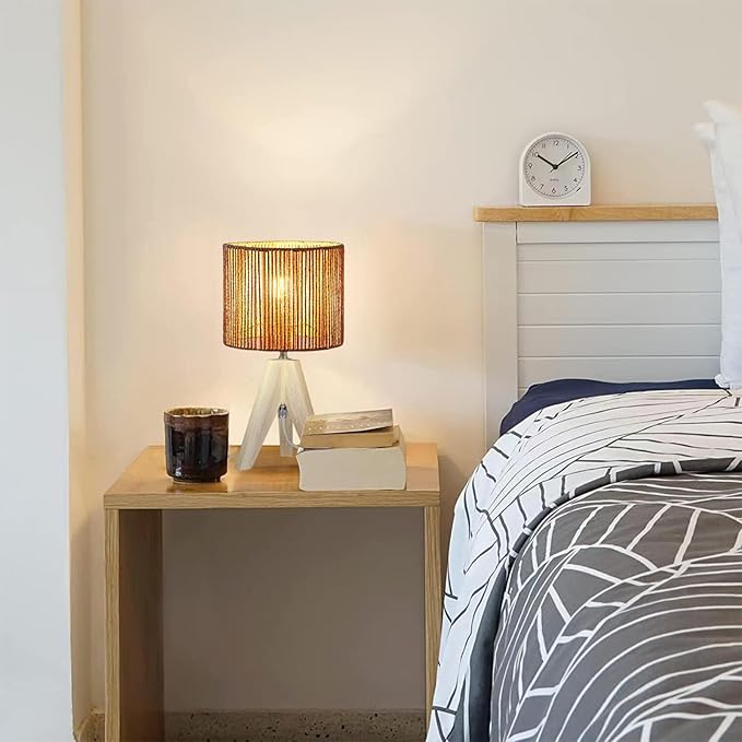 Tripod Table Lamp Light with Birch Color Wooden Base, Wooden Desk Lamp with Rattan Lampshade, 14.37 in Small Lamps, E26 Base Bedside Lamps for Night Stands, Home, Office, Living Room, Dorm(Stripe)