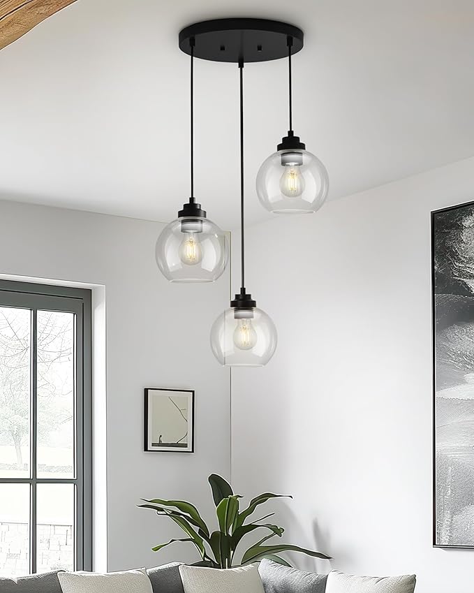3-Light Black Pendant Light Fixture, Globe Cluster Hanging Light, Kitchen Island Lighting with Clear Glass for Dining Room Living Room Laundry Entrance Foyer, ZCPL101BK-3C
