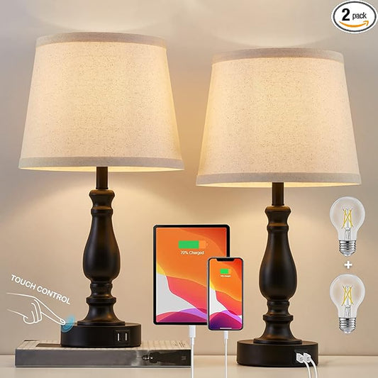 Lamps for Bedroom Set of 2,Touch Bedside Table Lamp with USB C+A Ports,3 Way Dimmable Nightstand Lamps with Round Fabric Linen Lampshade for Living Room Reading Bed Side End Table,Bulbs Included
