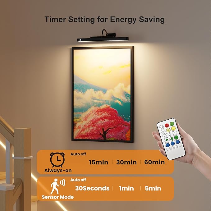 Picture Light for Wall Art Motion Sensor – 16'' Wireless and Dimmable Gallery Light, 5000mAh Battery Operated with Remote Control Art Light Over Frame Paintings and Artworks (Black)
