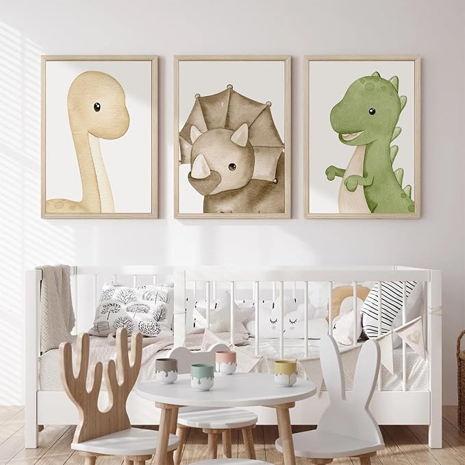 Dinosaur Wall Art Kids Boys Room Canvas Wall Decor Dino Nursery Wall Art Pictures Baby Dinosaur Poster Prints for Boys Bedroom Bathroom 12x16 Inch Wood Framed Set of 3