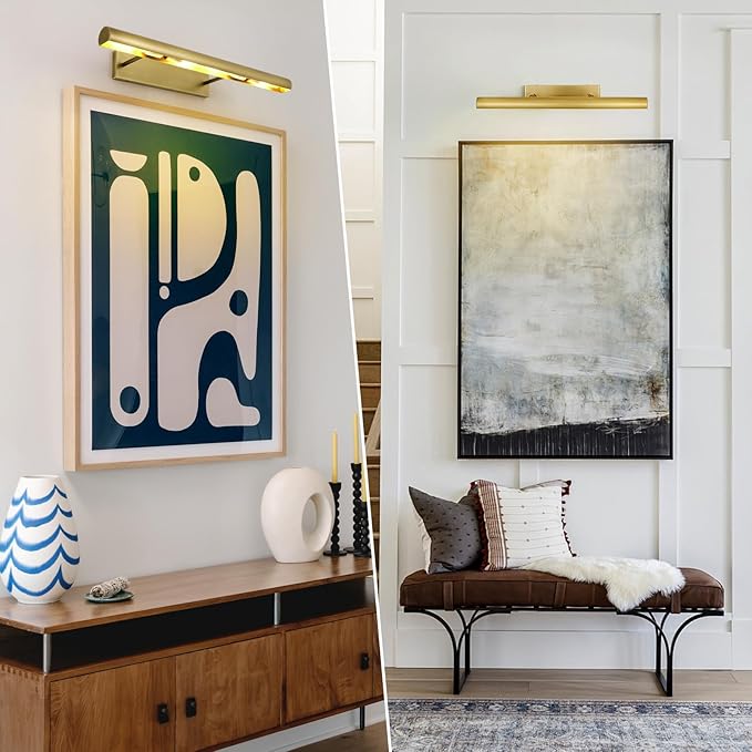 Brass Picture Lights for Wall, 30" Linear Picture Light Hardwired, 4-Light Brush Gold Art Light, Dimmable Gallery Light for Paintings, Warm White 270° Picture Frame Lights for Bathroom, Living Room