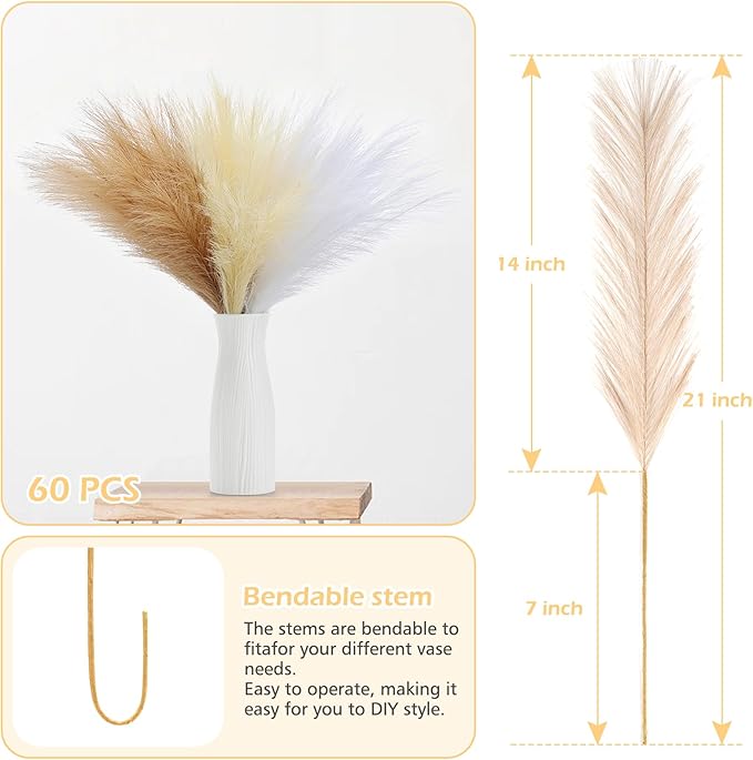 60 Pcs Pampas Grass Decor 21.7" Fluffy Faux Short White Brown Yellow Pampas Grass Artificial Small Pompas Grass Flower Vase Filler for Home Wedding Decoration