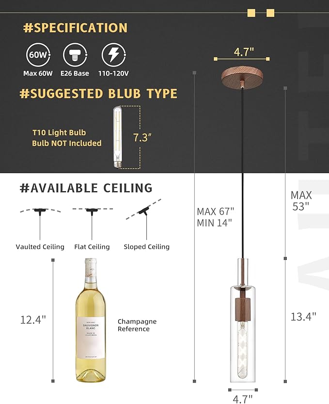 AUTELO Farmhouse Pendant Lights Kitchen Island, 1-Light Pendant Light Fixtures, Dark Wood Grain Hanging Lamp with Clear Cylinder Glass, Pendant Lighting for Kitchen Island, Dining Room, H3875 DW