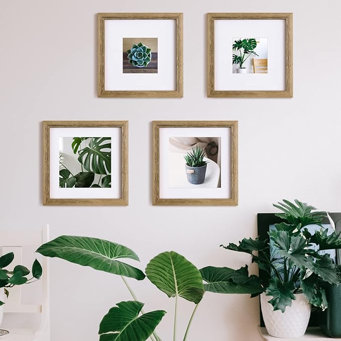 Egofine 8x8 Picture Frames with Plexiglass, Display Pictures 4x4/6x6 with Mat or 8x8 Without Mat Set of 4 for Tabletop and Wall Mounting, Carbonized Brown
