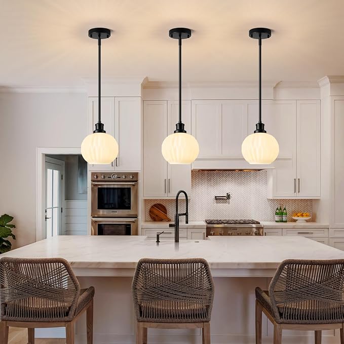 Milk Glass Pendant Lights Kitchen Island, 1-Light 7.1" Black Modern Pendant Light Fixtures with Rods, Globe Hanging Lighting for Kitchen Sink Bathroom Dining Room, E26 Base