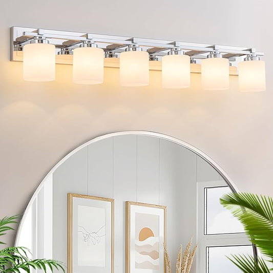 6 Light Modern Bathroom Light Fixtures Over Mirror, Chrome Vanity Lights for Bathroom Wall Sconces with Milky White Glass Shades, E26 Socket (Bulbs Not Included)