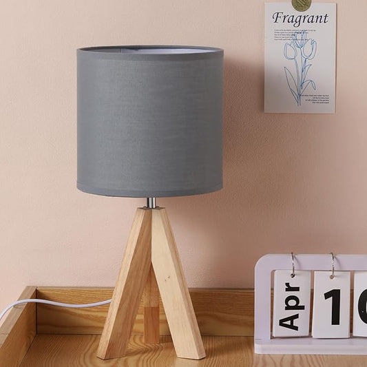Table Lamp,Small Tripod Desk Lamp with Linen Fabric Lampshade,14.9",Tri-Color 5W Wooden Table Lamp for Living Room,Kids Room,Nursery (Grey)