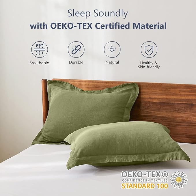 Simple&Opulence 100% Linen Pillow Case King Size Set of 2, Olive Green Pillow Covers with Overlap Closure, Luxury Breathable Pillowcases Protectors Suitable for All-Season (20" X 36", Olive Green)