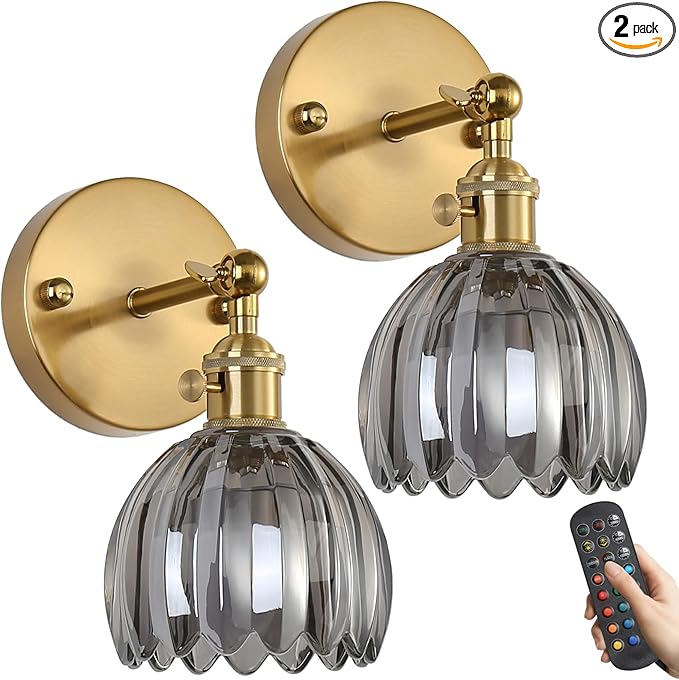 Battery Operated Wall Sconce Set of 2 with Smoke Gray Floral Glass Shade Vintage Wireless Wall Light with Remote Control for, Living Room, Bedroom and Bathroom Timer/Memory Function/Dimmer