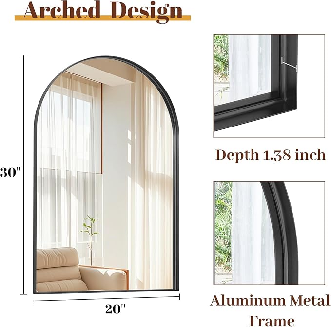 20" x 30" Luxury Arched Bathroom Mirror - Arch Wall Mirror with Shatterproof Tempered Glass and Metal Deep Frame, Hanging or Leaning for Living Room, Dresser, Entrance and Hallway, Black