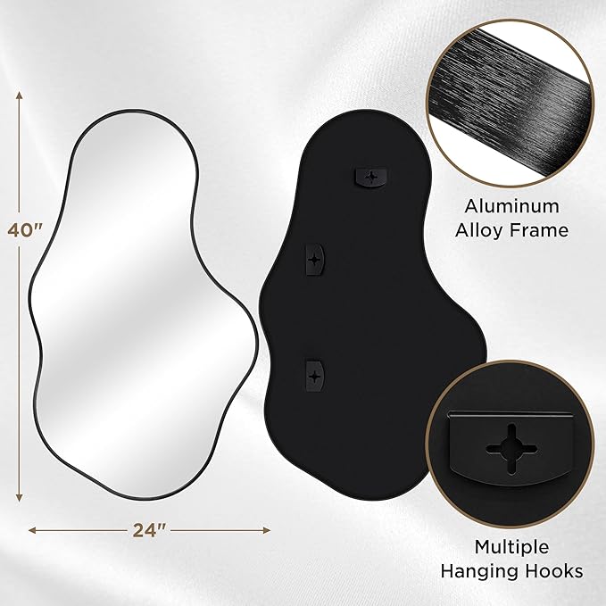 Irregular Wall Mirror, 24"x40" Black Abstract Asymmetrical Mirrors for Wall, Decorative Cloud Aesthetic Mirror for Bathroom, Bedroom, Cloakroom, Entryway, Shatter-Proof Aluminum Alloy Frame