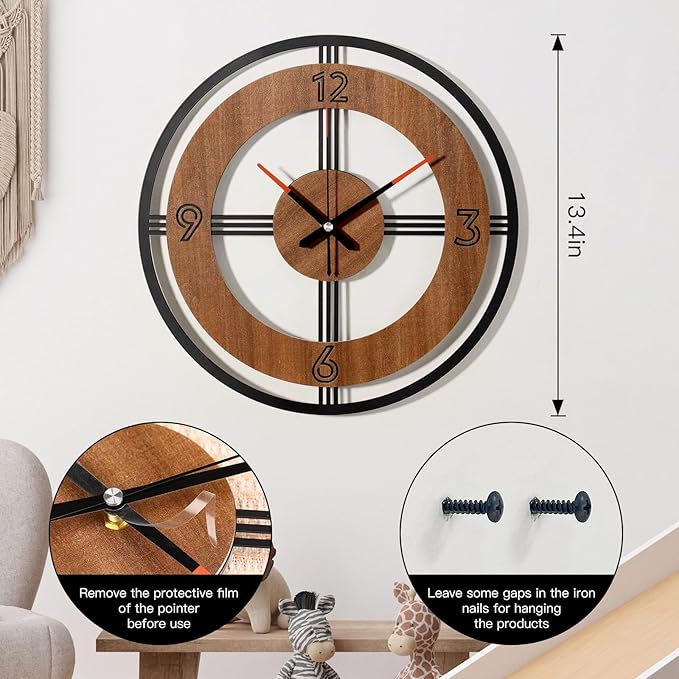 Large Wall Clock Decorative Wall Clock Round Kitchen Clock Farmhouse Kitchen Decor Rustic Clocks for Walls Farmhouse Silent Clock for Living Room Decor (Rustic)