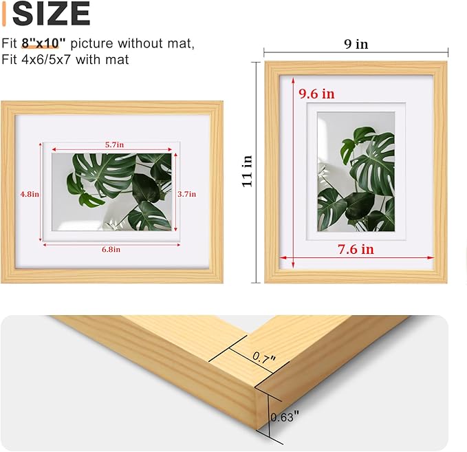Egofine 8x10 Picture Frames Natural Wood Frames with Plexiglass, Display Pictures 4x6/5x7 with Mat or 8x10 Without Mat Set of 4 for Tabletop and Wall Mounting