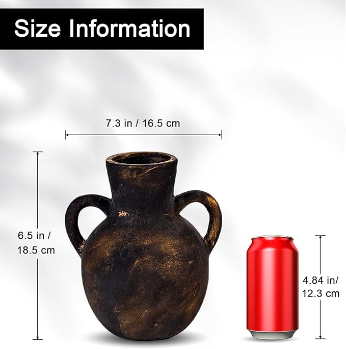 Rustic Ceramic Farmhouse Flower Vase with 2 Handles, Whitewashed Terra Cotta Vase, Decorative Pottery Flower for Home Decor, Table, Living Room, Shelf Decor, 7.3 Inch, Bronze