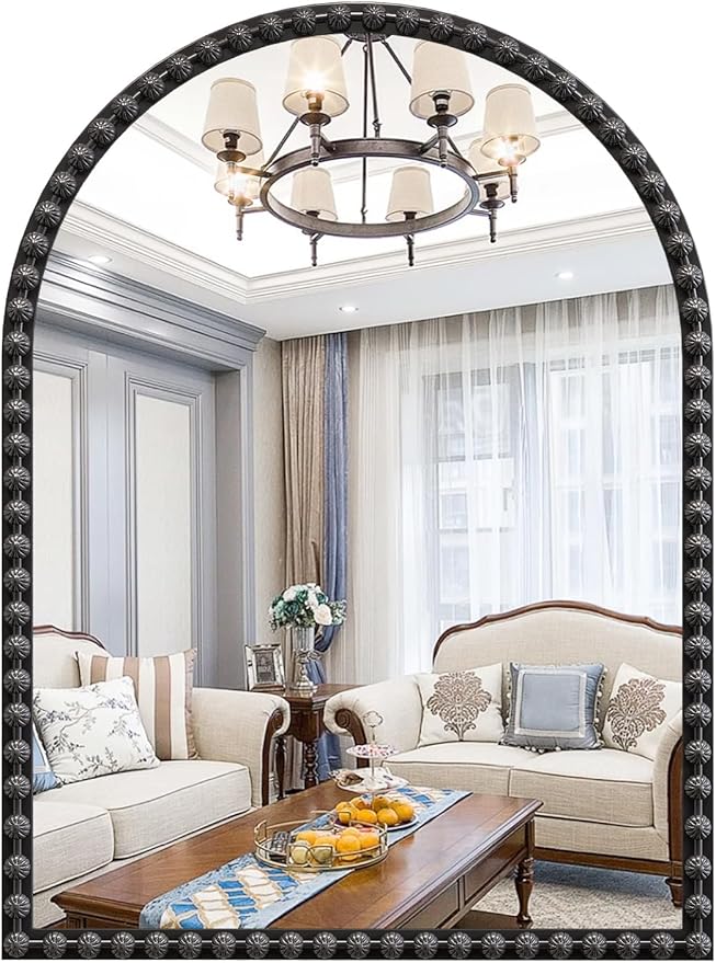 Arched Mirror for Wall, 24"x32" Black Arch Bathroom Vanity Mirror, Metal Floral Frame Decorative Arch Wall Mirror, Matte Black Arched Mirror for Washroom, Bedroom, Entryway, Living Room