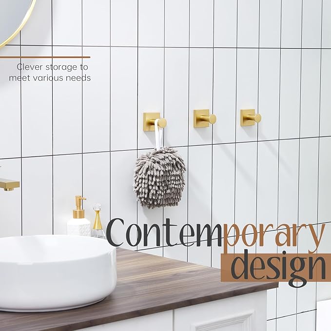 KOKOSIRI Bath Towel Hooks for Shower Wall Hanging Towels Bathroom Robe Hooks for Door Kitchen Closet Brushed Gold Stainless Steel 3 Pack, B1016BG-P3