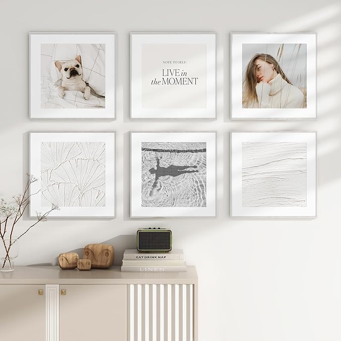 16x16 inch Metal Picture Frame - Thin Aluminum Square Photo Frames with 12x12 Removable Mat - High Definition Plexiglass - Vertical and Horizontal Display - Wall Hook Hanging Hardware Included - Silver, Set of 4