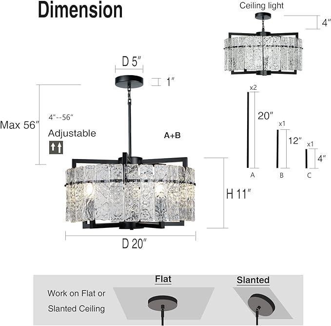 IKK Modern Black Crystal Chandeliers for Dining Room, Luxury Water Ripple Glass Light Fixture, Elegant Farmhouse Round Lighting for Kitchen Island, Bar Table, D20
