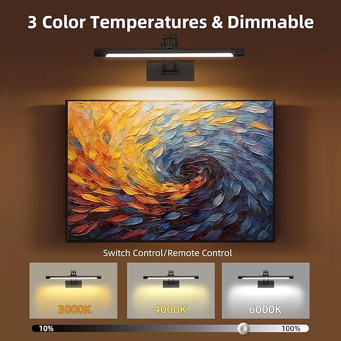 16“ Picture Lights for Wall Battery Operated, Wireless Picture Light with Remote, Rechargeable Wall Light 3000K/4000K/6000K Dimmable, Art Lighting for Paintings Frame Gallery Dartboard Light, Black