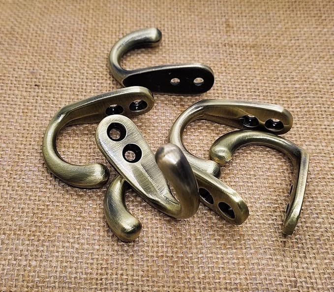 Multipurpose Hooks, Used to Hang Clothes, Bags, Coats, Curtain Hold Backs, Keys, Antique Gold Colour, Material - White Metal, Screws and Wallplugs Included, Pack of 2 Pieces