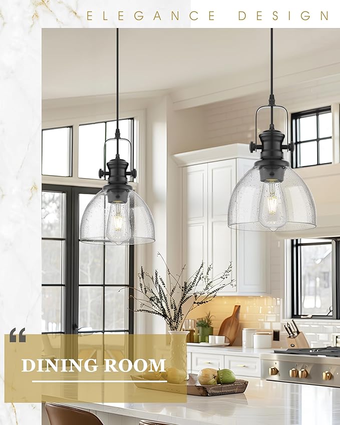 Black Pendant Lights Kitchen Island, 7.5" Farmhouse Pendant Lighting with Clear Seeded Glass Shade, Vintage Hanging Light Fixtures for Dining Room, AD-22151-1P-BK