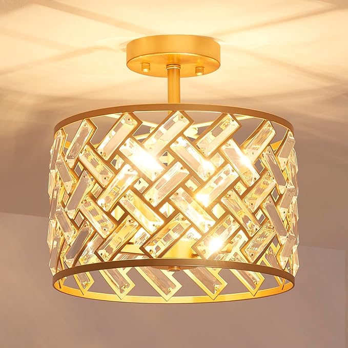 Shrine Lighting Crystal Ceiling Light, Gold Crystal Chandelier for Living Room, D12'' x H11.2'', E12*3 Sockets, Ctystal Lampshade & Gold Finish Frame