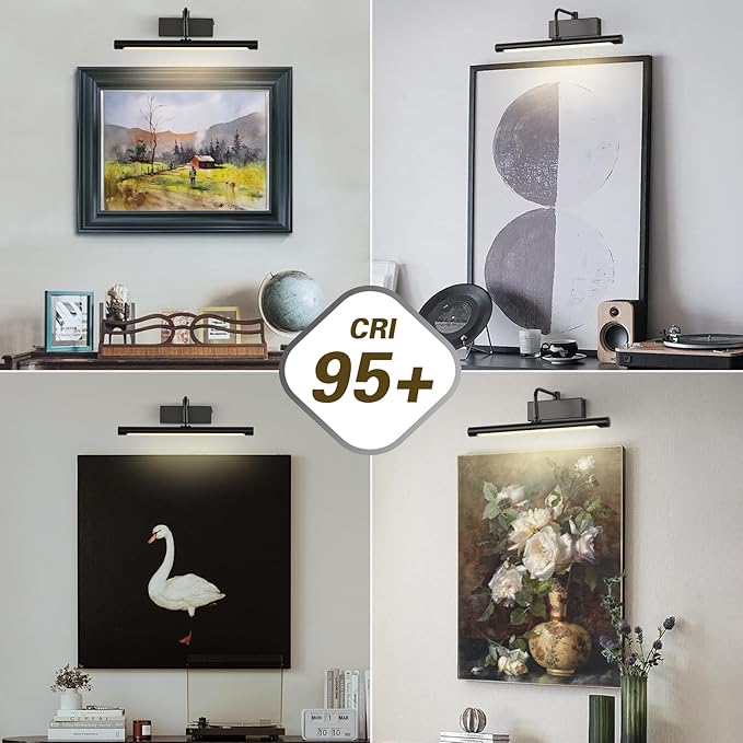 Joosenhouse Wireless Picture Light Battery Operate Library Light 15Inch 5000mAh Rechargeable Gallery Light with Remote Control Dimmer and Timer Off Function Black Wall Light