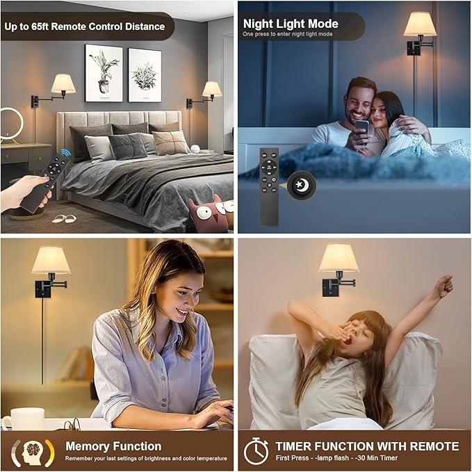 TRLIFE Wall Sconce with Remote Control, Dimming 10%-100% and Adjustable Color Temperature 2700K-6500K Swing Arm Wall Lights with Plug in Cord, 9.4" Medium Beige Fabric Shade(2 Pack, 2 Bulbs Included)