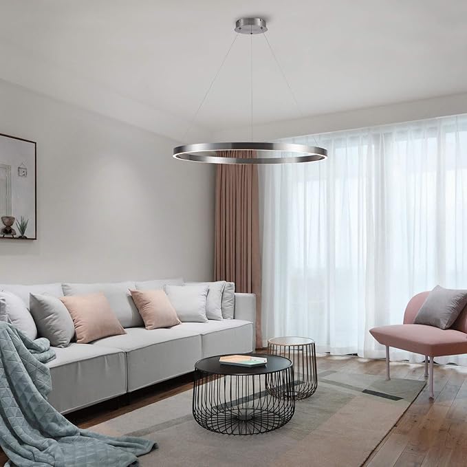 MADEM 31.5'' LED Modern Chandelier 1-Ring Circular Dimmable Pendant Light Flush Mount Pendant Lighting Adjustable for Living Room Dining Room, Bedroom, 3000K Warm White, Brush Nickel