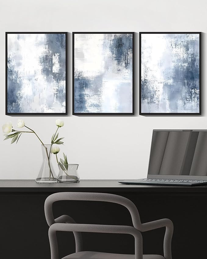 KUVIOKE Navy Blue and Gray Abstract Framed Canvas Wall Art Brush Strokes Block Shape Pastel Wall Decor Modern Minimalist Art Painting Home Decor 12x16in (Black Framed)