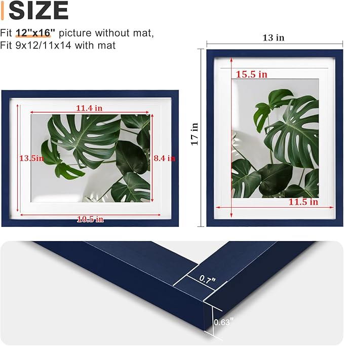 Egofine 12x16 Picture Frames 4PCS Covered by Plexiglass, Made of Solid Wood, Display Pictures 9x12/11x14 with Mat or 12x16 Without Mat for Wall Mounting, Navy Blue