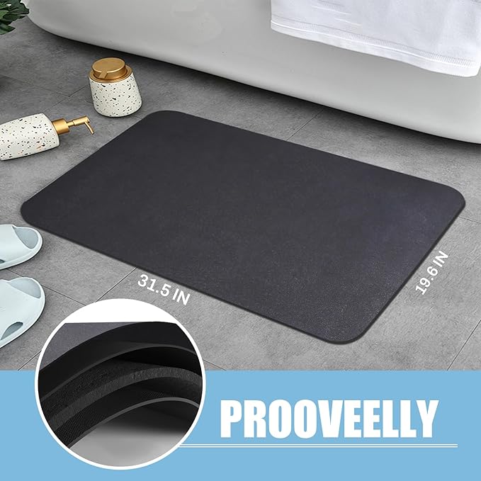 Diatomaceous Earth Bath mat Bathroom Rugs Super Absorbent Quick Dry Non Slip Bath Mat Thin Bathroom Floor Mats Fit Under Door-Shower Rug for in Front of Bathtub Shower, Dark Grey, 15.7"*23.6"