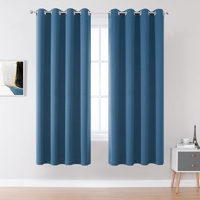 DUALIFE Midnight Blue Curtains 63 Inch Length for Boys Kids Room 2 Panel, Grommet Boho Curtains for Bedroom, Dark Denim Blue, 52 by 63 Inch